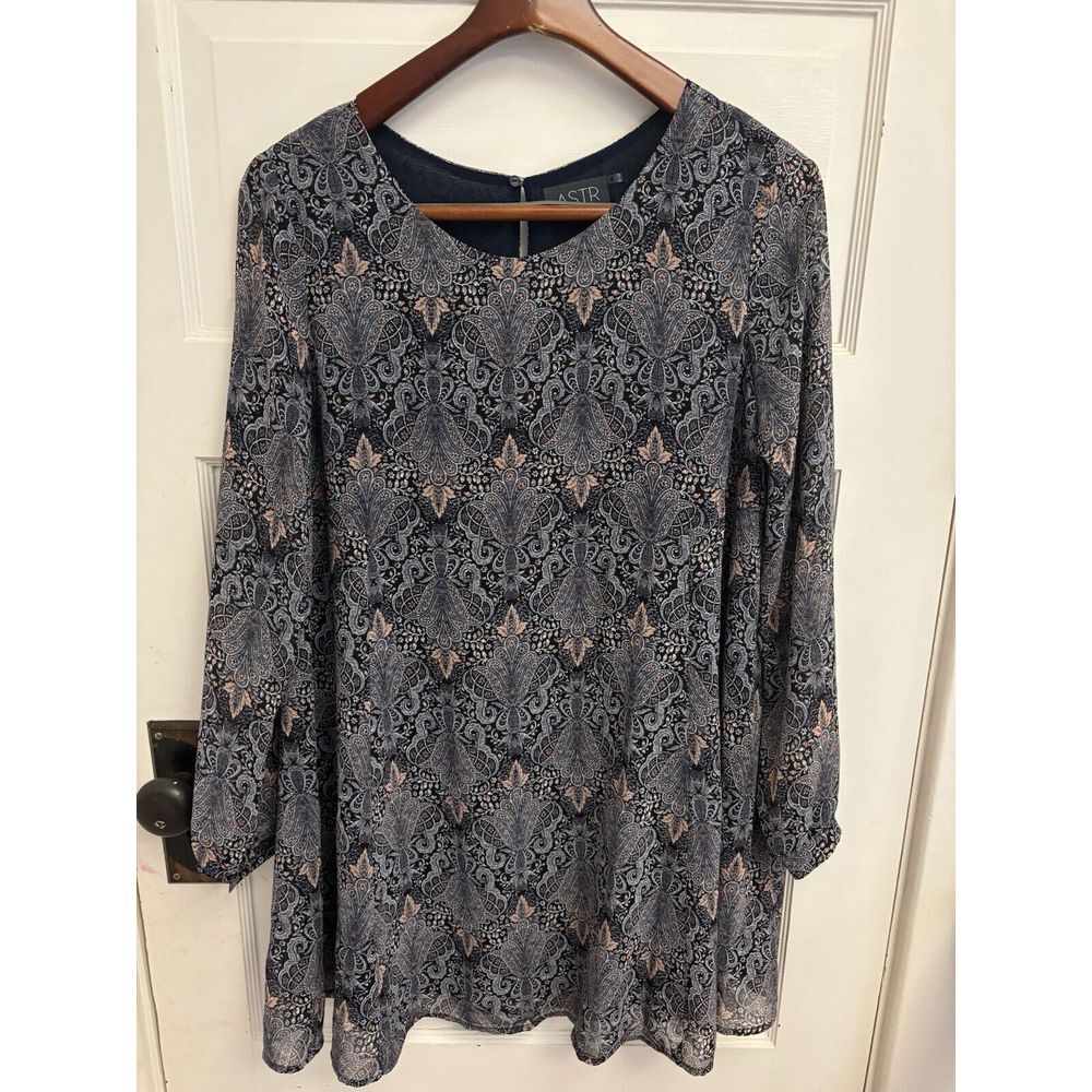 ASTR Navy Patterned Sheer‎ Overlay Long Sleeve Dress Size Medium